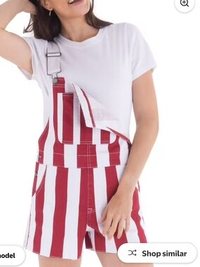 Striped Red & White Women's Denim Short Overalls